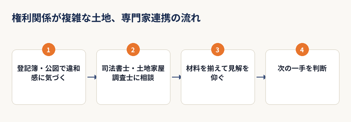 権利関係が複雑な土地における専門家連携の流れを示す図解