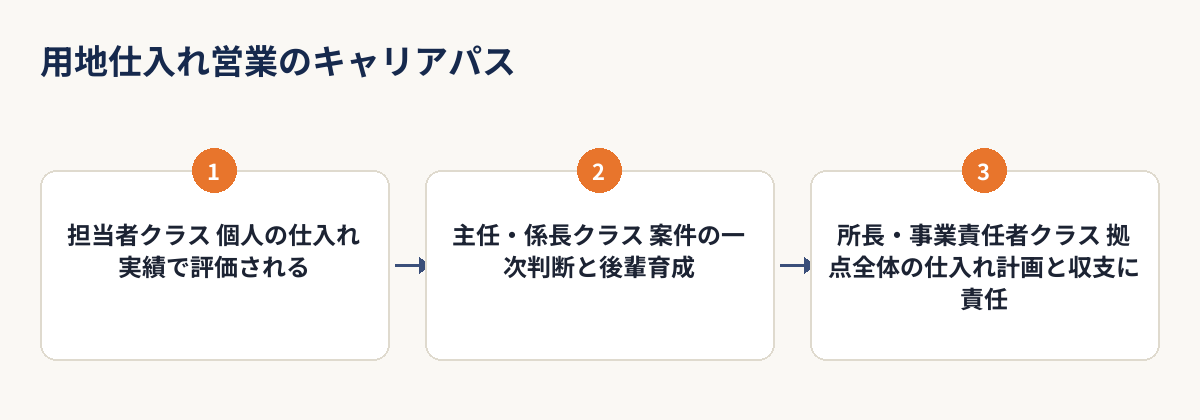 用地仕入れ営業のキャリアパス。担当者クラス、主任・係長クラス、所長・事業責任者クラスの3段階を示すフロー図